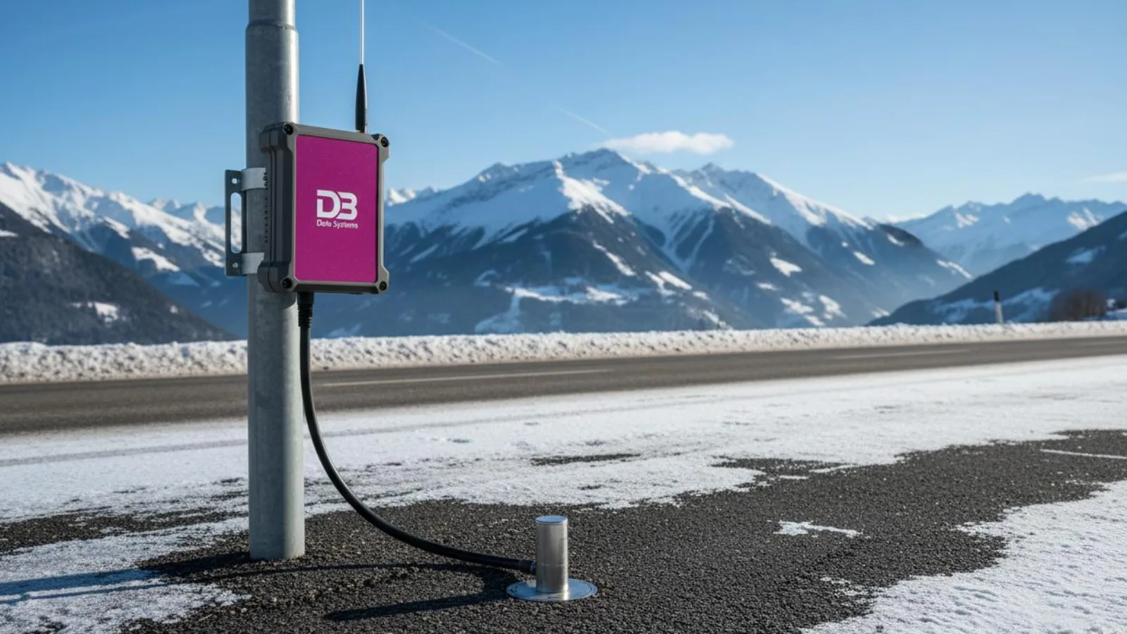 Schematische Visualisierung einer DBDS-BTM-Anwendung an einer winterlichen Strasse